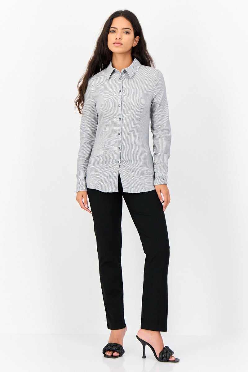 KOTON قميص نسائي بأكمام طويلة وياقة مفتوحة، مخطط، متعدد الألوان - Image 4