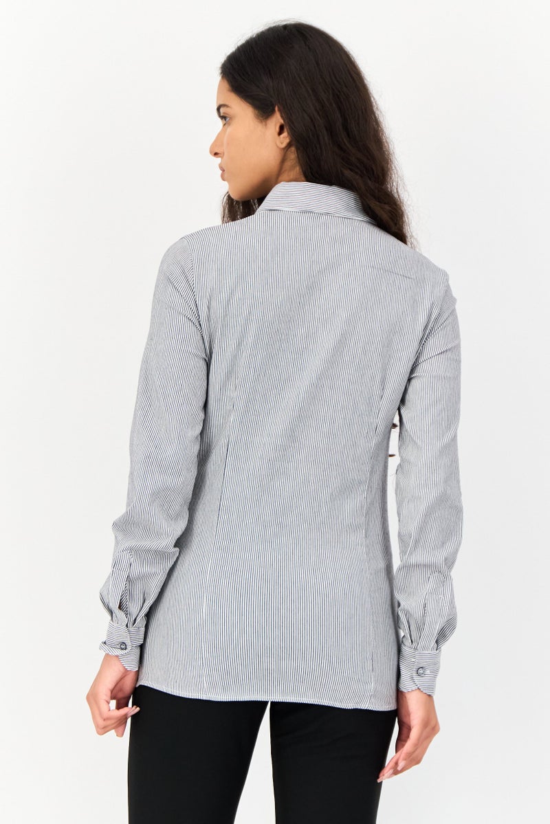 KOTON قميص نسائي بأكمام طويلة وياقة مفتوحة، مخطط، متعدد الألوان - Image 3