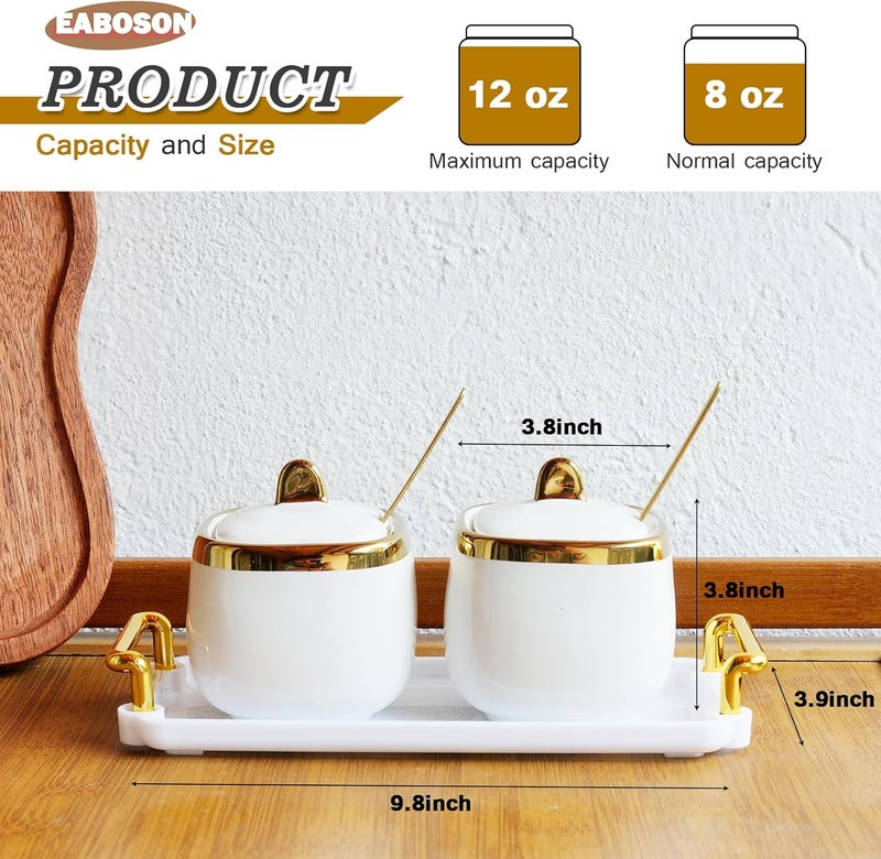 EABOSON Ceramic Sugar Bowl 2 Pack, Porcelain Seasoning Jar with Tray, Spoon and Lid for Sugar, Pepper, Coffee, Spice, Salt (Gold) - Image 2