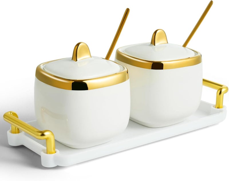 EABOSON Ceramic Sugar Bowl 2 Pack, Porcelain Seasoning Jar with Tray, Spoon and Lid for Sugar, Pepper, Coffee, Spice, Salt (Gold) - Image 1