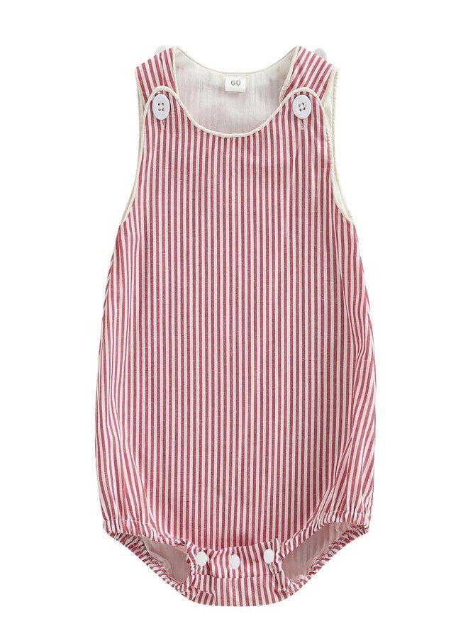 Yoawdats Unisex Newborn Baby Summer Romper Sleeveless Round Neck Button Shoulder Stripes Print Jumpsuit Overall Infant Clothe (Red, 12-18 Months) - Image 1
