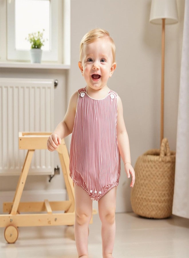 Yoawdats Unisex Newborn Baby Summer Romper Sleeveless Round Neck Button Shoulder Stripes Print Jumpsuit Overall Infant Clothe (Red, 12-18 Months) - Image 3