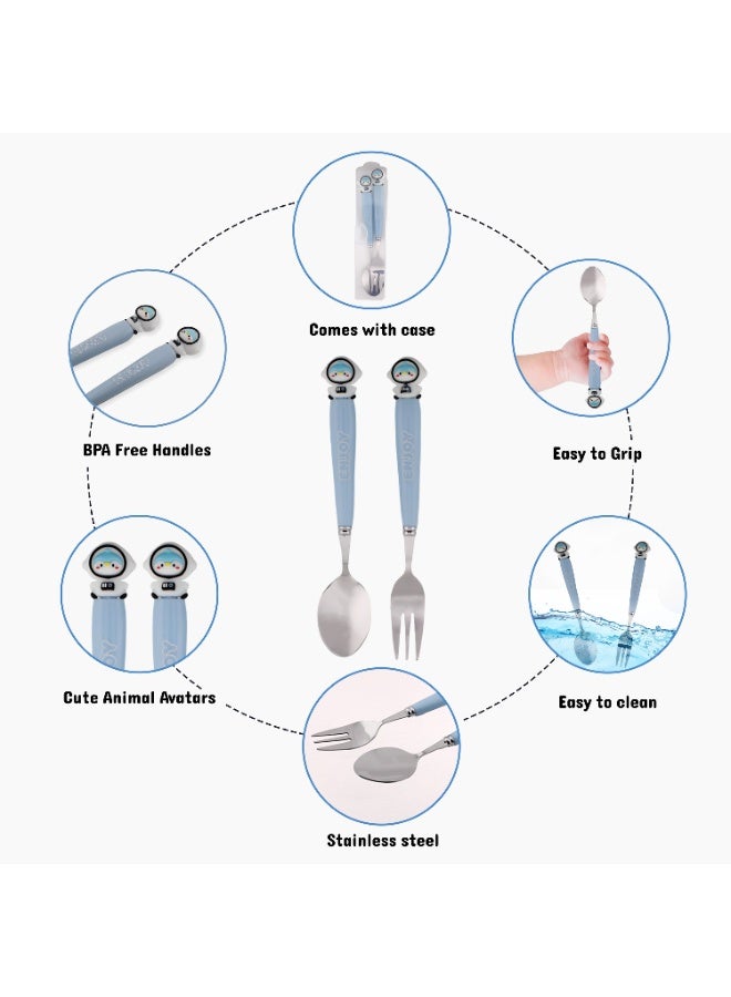 CRAVISTA Astronaut Design Kids Cutlery Set with Case - 2-Piece Stainless Steel BPA Free Cutlery Set Includes Spoon, Fork and Case for Lunch Box, Picnic and Travel (Blue) - Image 3