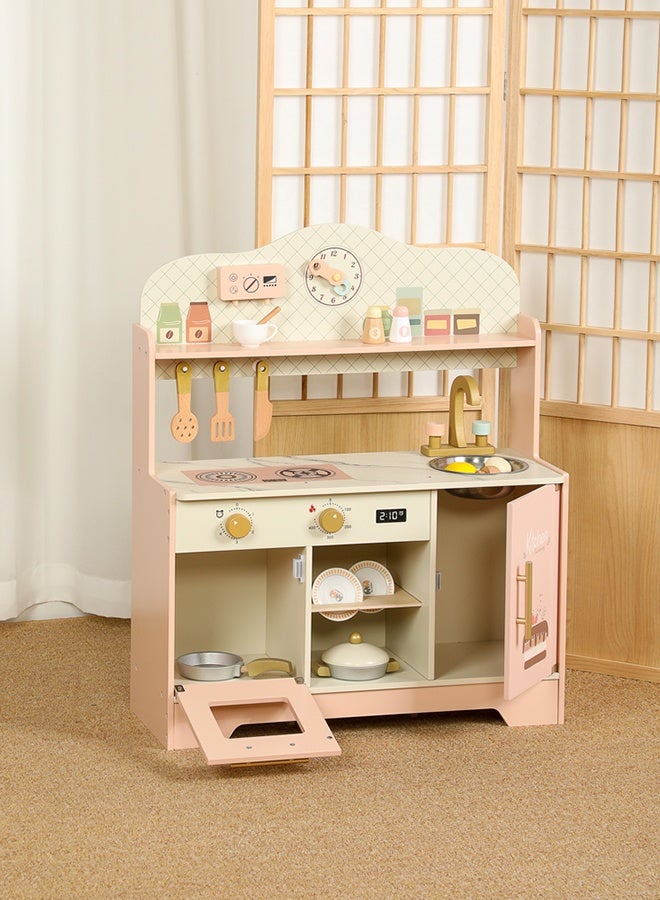 JSAITOYS Play Kitchen for Kids, Chef Pretend Play Set for Toddlers with Storage System, Pink Wooden Play Kitchen Set with Accessories - Image 1