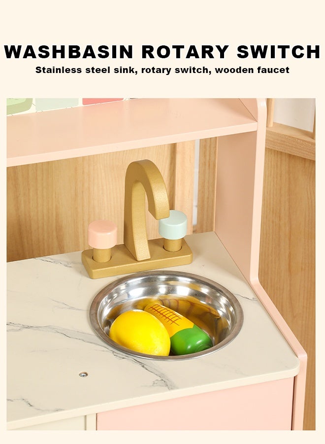 JSAITOYS Play Kitchen for Kids, Chef Pretend Play Set for Toddlers with Storage System, Pink Wooden Play Kitchen Set with Accessories - Image 4