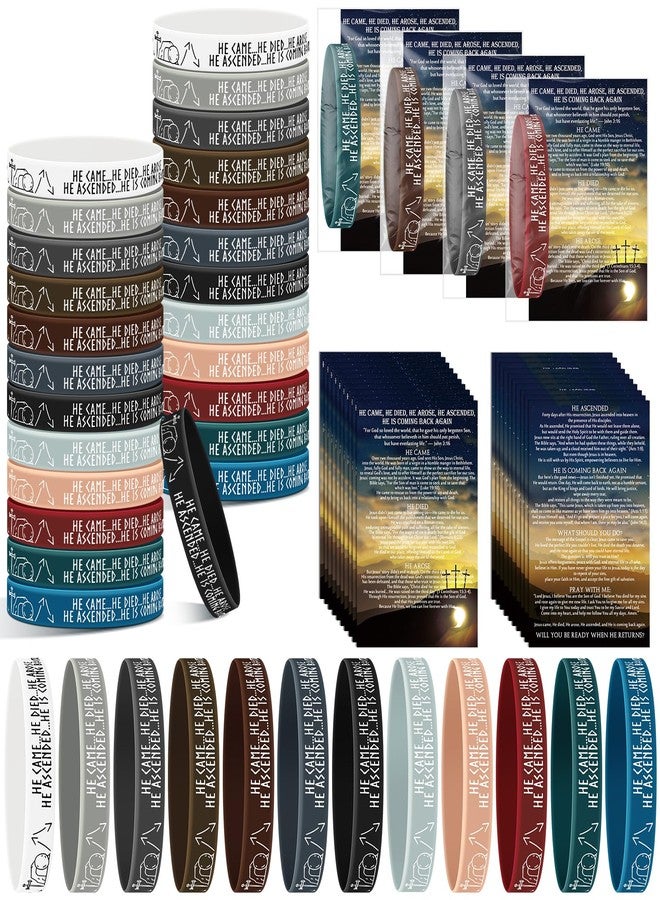Moinchore 100 Sets Resurrection Gifts Bulk Christian Bible Verse Bracelet with Gospel Tracts He Came Died Arose Silicone Wristbands Religious Card Easter Baskets Stuffers Church Gift (Dark Color) - Image 1