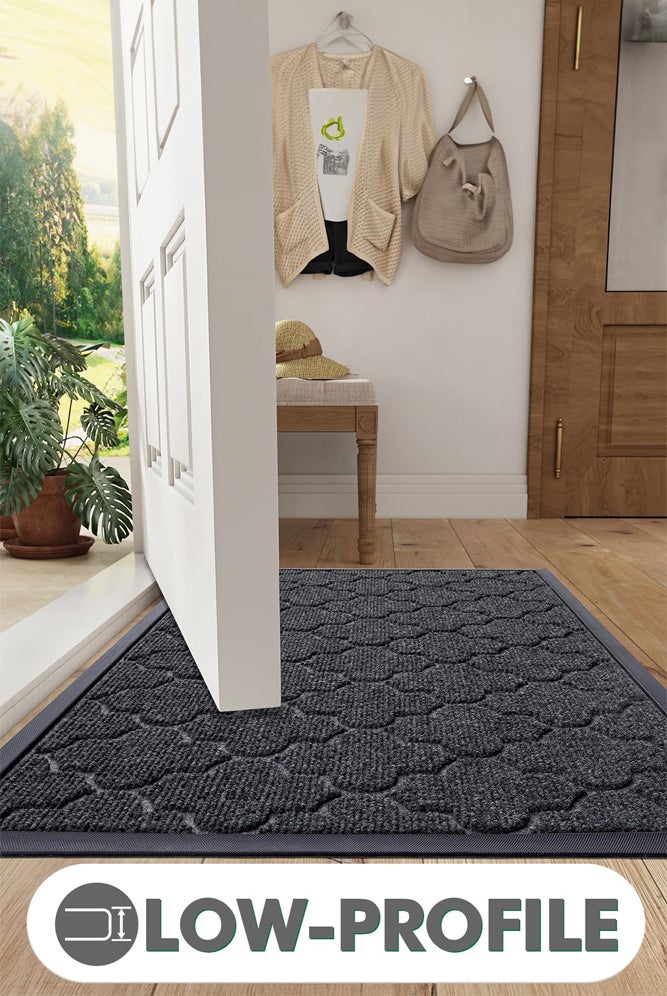 شبيلي بساط مدخل منخفض الارتفاع من مطاط طبيعي بسطح محزز ومقاوم للانزلاق ومضاد للتسرب وسهل التنظيف؛ مناسب للأسر والمكاتب في المداخل وغرف الطين؛ أداء كشط للأحذية وتصميم حصيرة ترحيب وسجادة باب متينة (أسود) - Image 5