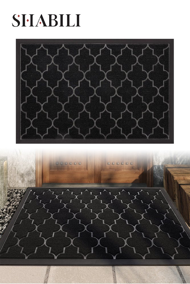 شبيلي بساط مدخل منخفض الارتفاع من مطاط طبيعي بسطح محزز ومقاوم للانزلاق ومضاد للتسرب وسهل التنظيف؛ مناسب للأسر والمكاتب في المداخل وغرف الطين؛ أداء كشط للأحذية وتصميم حصيرة ترحيب وسجادة باب متينة (أسود) - Image 1