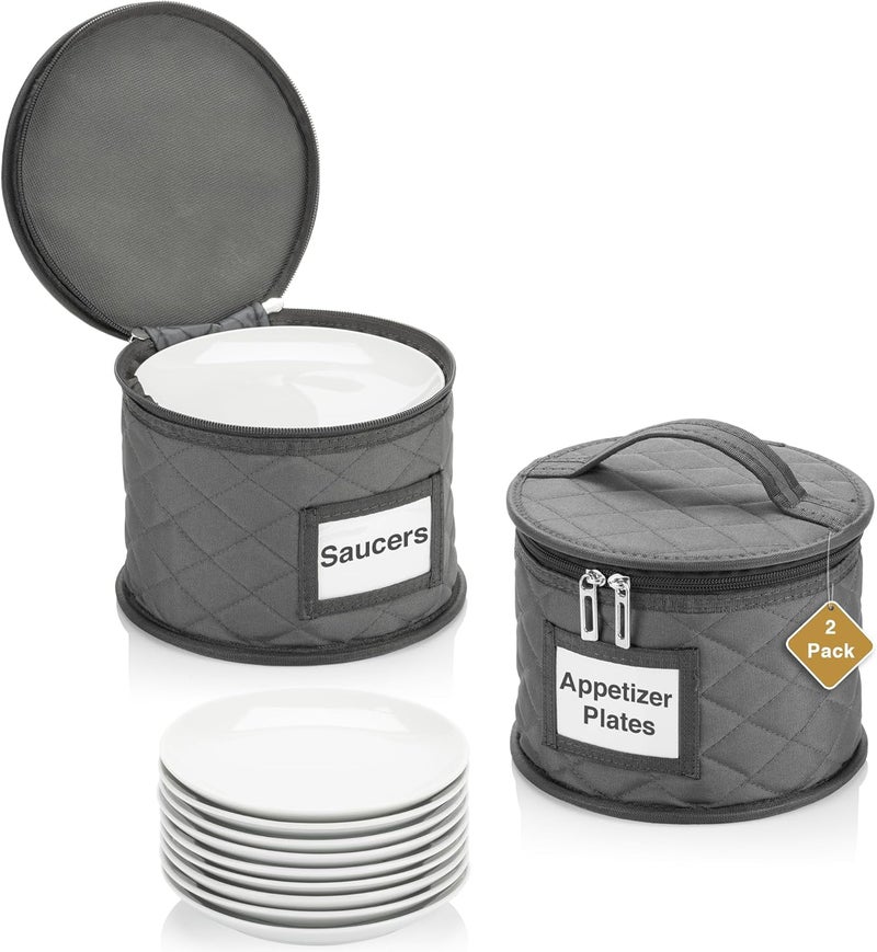 STOZU 2 Pack 6" Small Plate Storage Case - China Storage Container - Stackable With Padded Interior to Store Dinnerware Dishes - 24 Felt Dividers Included - Gray - Great for Saucers and Small Bowls - Image 1