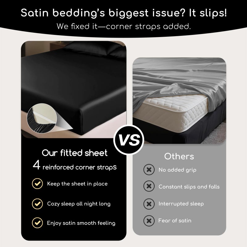 MR&HM Satin Sheets King Size with Elastic Corner Straps, 4-Piece Silky Bedding Set, Deep Pocket 15 Inches, Good for Hair & Skin (King, Black) - Image 4