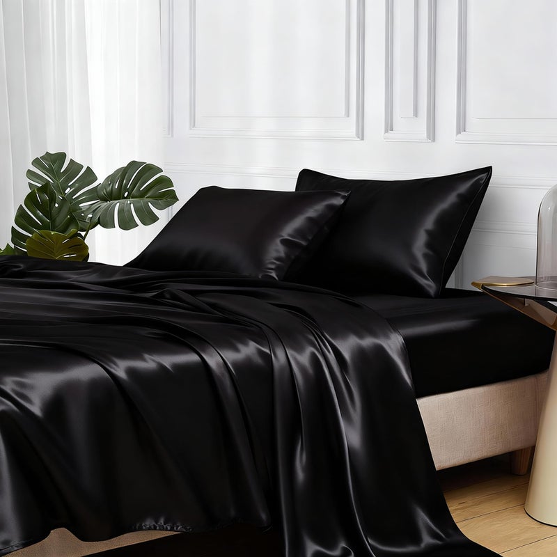 MR&HM Satin Sheets King Size with Elastic Corner Straps, 4-Piece Silky Bedding Set, Deep Pocket 15 Inches, Good for Hair & Skin (King, Black) - Image 1