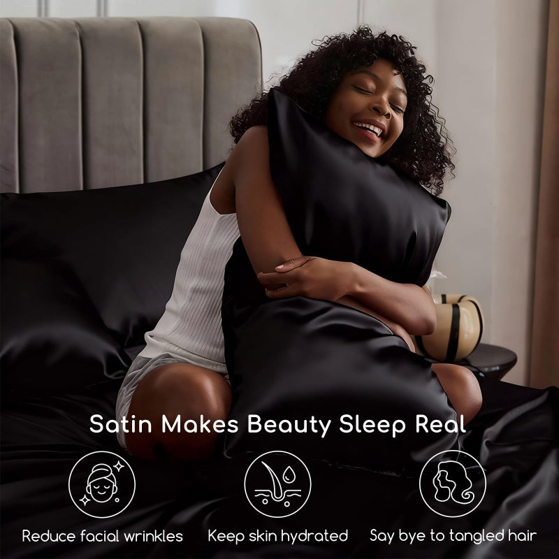 MR&HM Satin Sheets King Size with Elastic Corner Straps, 4-Piece Silky Bedding Set, Deep Pocket 15 Inches, Good for Hair & Skin (King, Black) - Image 3