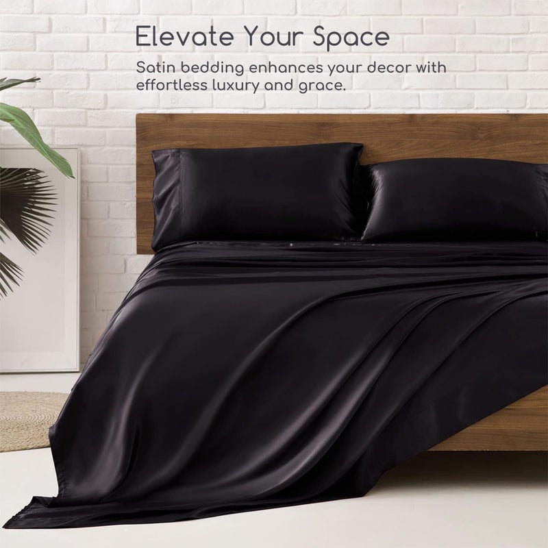 MR&HM Satin Sheets King Size with Elastic Corner Straps, 4-Piece Silky Bedding Set, Deep Pocket 15 Inches, Good for Hair & Skin (King, Black) - Image 5