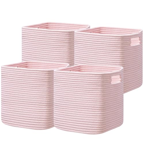 UBBCARE Set of 4 Storage Basket13 X 13 X 13 in Cotton Rope Basket for Shelves Toys Book Cube Storage Bins with Handles Woven Storage Basket for Organizing Pink - Image 1