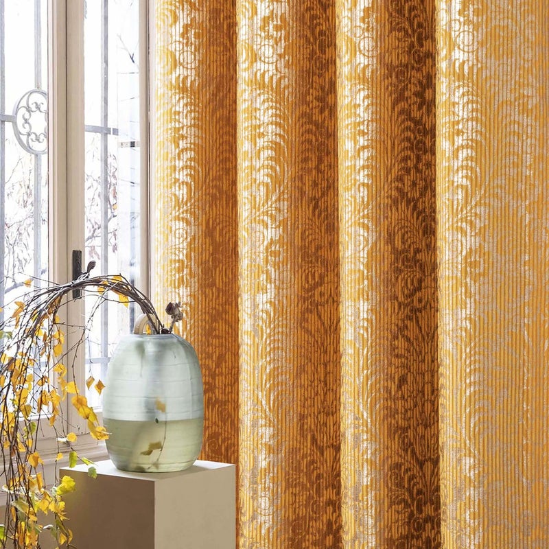 always4u 100% Blackout Damask Foil Print Yellow and Gold Ridged Velvet Curtains 84 Inches Long Drapes 2 Panels Shiny Metallic Window 54 * 84 Inches - Image 1