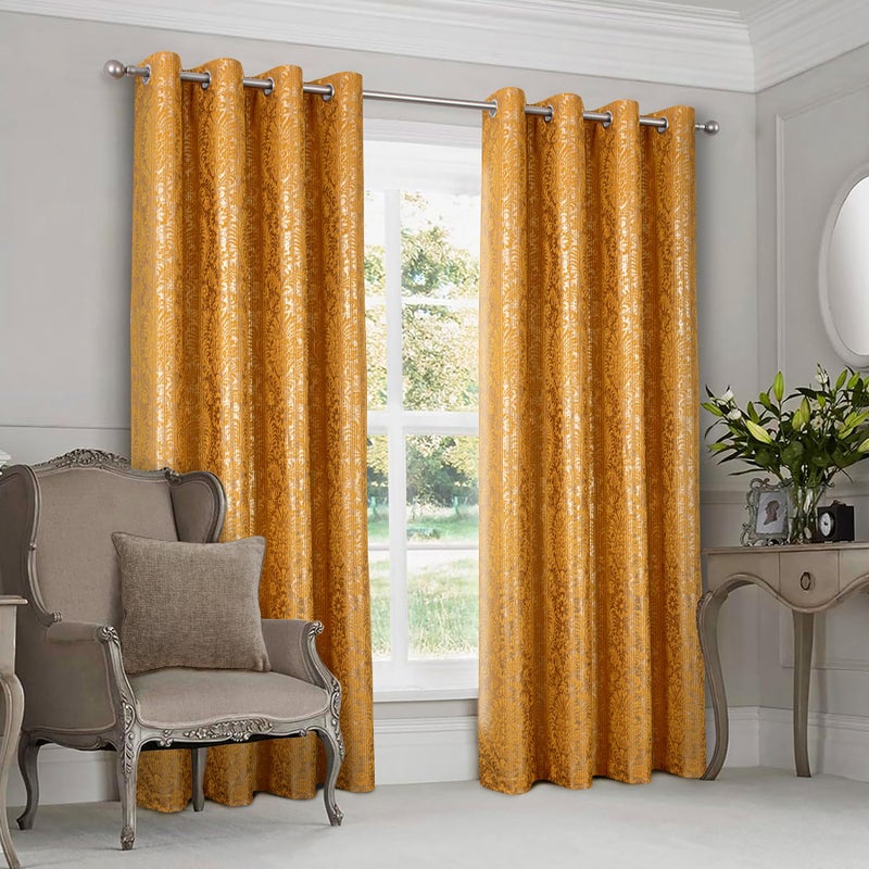always4u 100% Blackout Damask Foil Print Yellow and Gold Ridged Velvet Curtains 84 Inches Long Drapes 2 Panels Shiny Metallic Window 54 * 84 Inches - Image 2