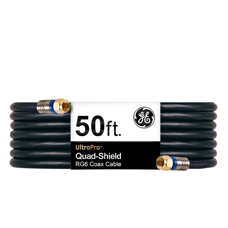 GE RG6 Coaxial Cable, 50 ft. F-Type Connectors, Quad Shielded Coax Cable, 3 GHz Digital, In-Wall Rated, Ideal for TV Antenna, DVR, VCR, Satellite, Cable Box, Home Theater, Black, 33532 - Image 1