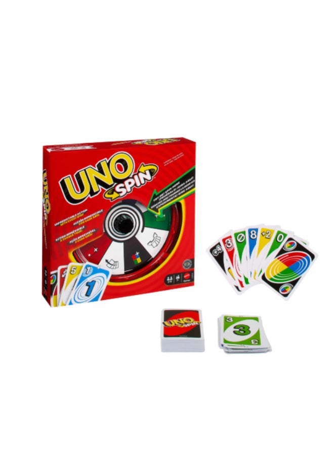 Mattel Games لعبة بطاقات أونو سبين للأطفال والبالغين وليالي العائلة، لعبة كلاسيكية مع دوار الألعاب، تحديات وقواعد جديدة، نشاط ليوم ممطر - Image 1