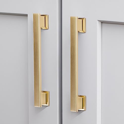 VEHCIL 10 Pack Square Brushed Gold Cabinet Pulls, 7 Inch(178mm) Hole Centers Gold Cabinet Handles Hardware for Kitchen Cupboard Closet Bathroom Dresser Drawer, Solid Zinc Alloy - Image 1