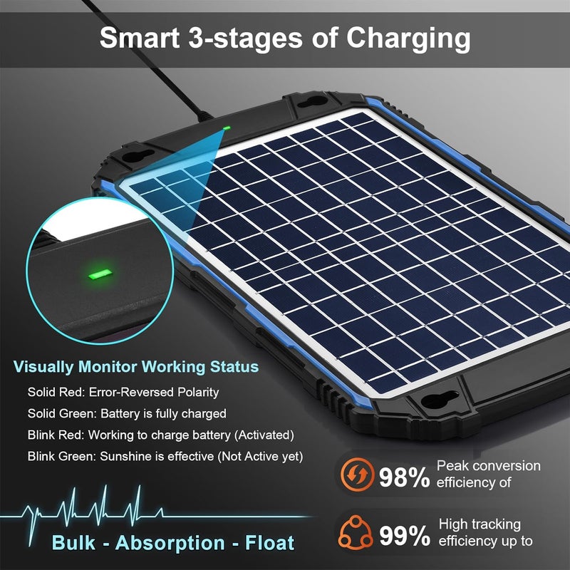 SUNER POWER Waterproof 10W 12V Solar Battery Charger & Maintainer Pro, Built-in UltraSmart MPPT Charge Controller, 10 Watt Solar Panel Trickle Charging Kits for Car Automotive Boat Marine RV Trailer - Image 3