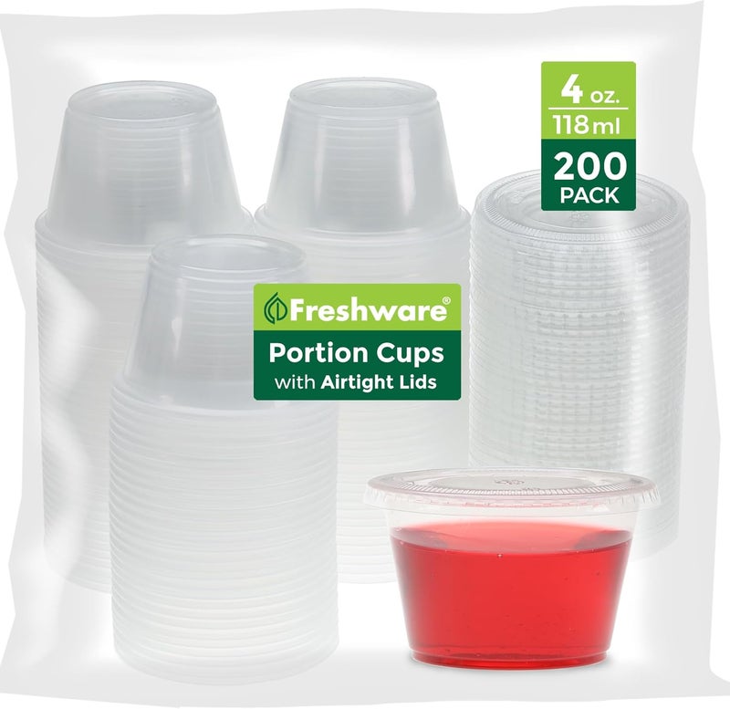 Freshware Plastic Portion Cups with Lids [4 Ounce, 200 Sets] Disposable Plastic Cups for Meal Prep, Salad Dressing, Jellos Shot Cups, Souffle Cups, Condiment and Dipping Sauce Cups - Image 1