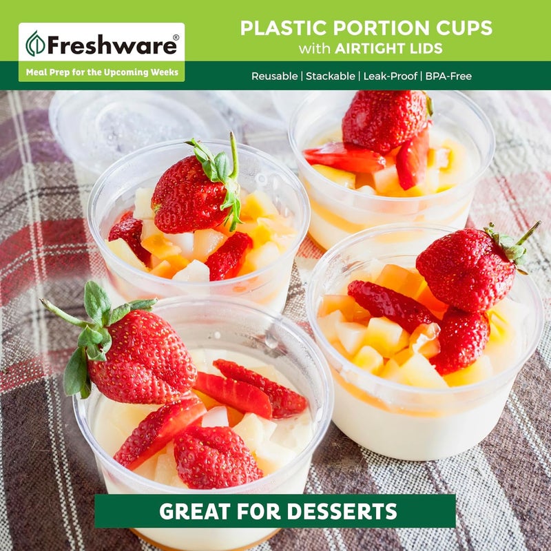 Freshware Plastic Portion Cups with Lids [4 Ounce, 200 Sets] Disposable Plastic Cups for Meal Prep, Salad Dressing, Jellos Shot Cups, Souffle Cups, Condiment and Dipping Sauce Cups - Image 4