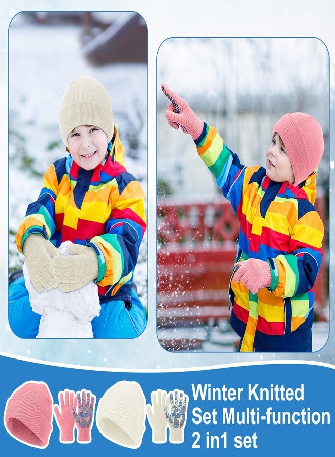 Evervibe 8 Pack Kids Beanie Hats and Gloves Set Knitted Beanies Hat Warm Stretch Gripper Gloves Winter Hats for Boys Girls, Light, 3-6 Years - Image 5