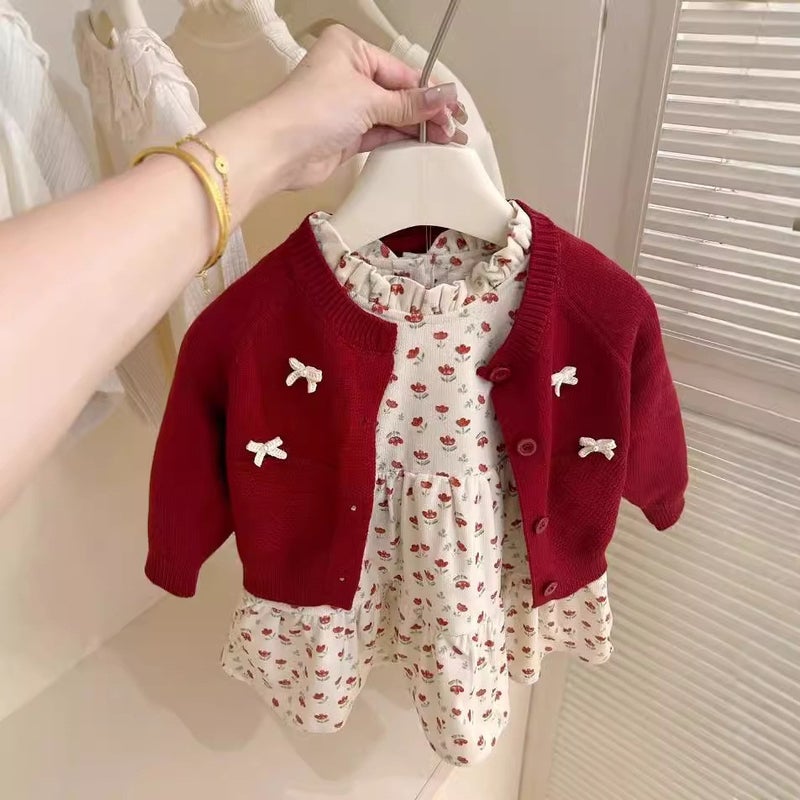 Cream Childrens Wear Girls Early Autumn New Red Bow Cardigan Floral Skirt Set Baby Spring Autumn Winter Trend Sweater