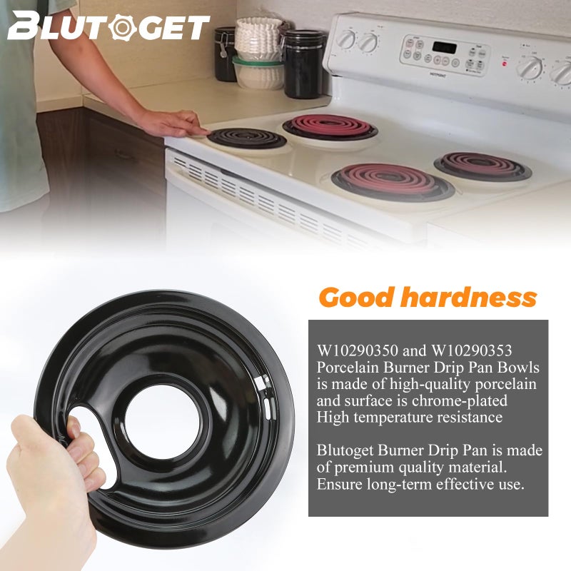 Blutoget W10290350 W10290353 Porcelain Burner Drip Pan Bowls By Blutoget - Fit For Whirlpool Electric Range Stove Pans- 2 Pack 8-Inch And 2 Pack 6-Inch Pans(Black Porcelain) W10288051 Electric Stove Drip Pans - Image 4