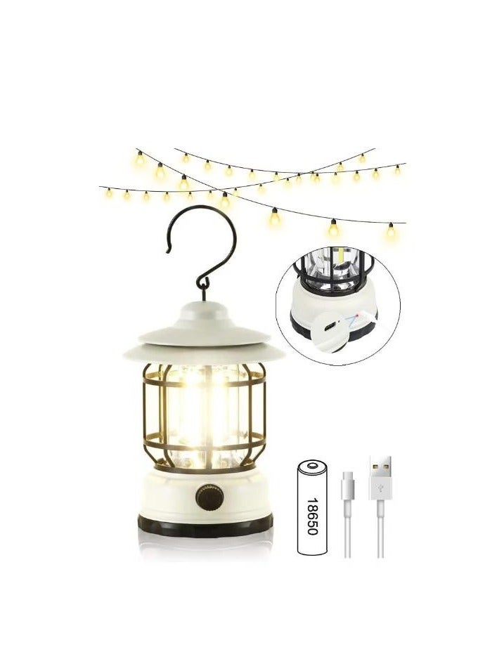 مصباح تخييم ريترو داخلي وخارجي معلق من النوع C قابل للشحن قابل لإعادة الشحن لخيمة التخييم مصباح ديكور مقاوم للماء مناسب لتزيين أجواء التخييم في الفناء (أبيض) - Image 3