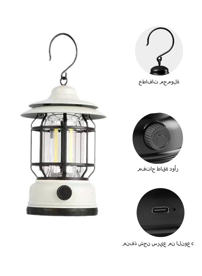 مصباح تخييم ريترو داخلي وخارجي معلق من النوع C قابل للشحن قابل لإعادة الشحن لخيمة التخييم مصباح ديكور مقاوم للماء مناسب لتزيين أجواء التخييم في الفناء (أبيض) - Image 1