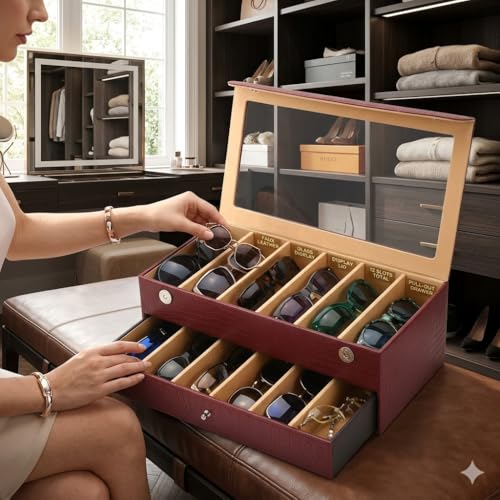 essart Sunglass Storage Box – 12 Slot Eyewear Organizer Case with Glass Lid, Dust-Free & Premium Faux Leather Finish Double Storey Magnetic Closure Sunglasses Box Organizer Maroon Colour - Image 4