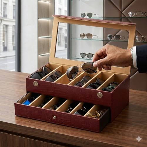 essart Sunglass Storage Box – 12 Slot Eyewear Organizer Case with Glass Lid, Dust-Free & Premium Faux Leather Finish Double Storey Magnetic Closure Sunglasses Box Organizer Maroon Colour - Image 2