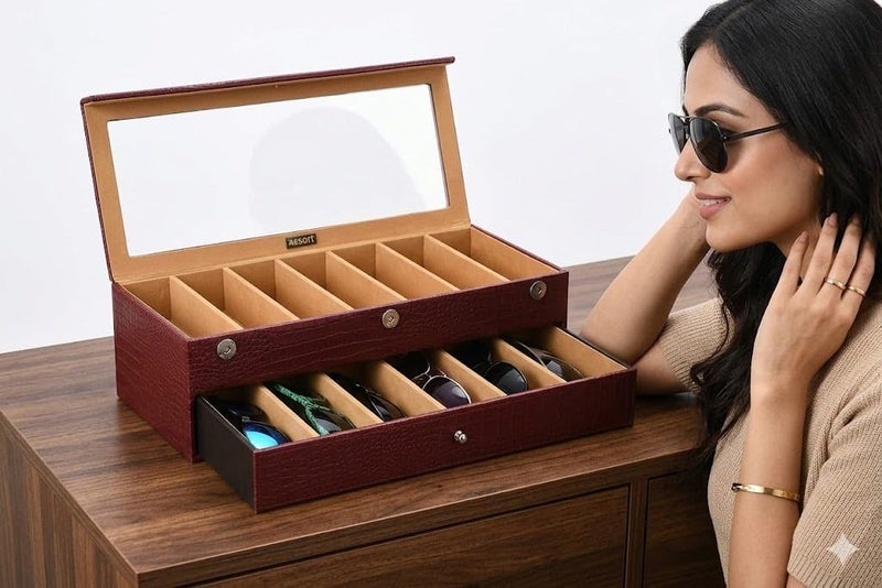 essart Sunglass Storage Box – 12 Slot Eyewear Organizer Case with Glass Lid, Dust-Free & Premium Faux Leather Finish Double Storey Magnetic Closure Sunglasses Box Organizer Maroon Colour - Image 3