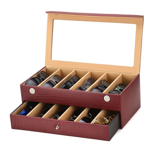 essart Sunglass Storage Box – 12 Slot Eyewear Organizer Case with Glass Lid, Dust-Free & Premium Faux Leather Finish Double Storey Magnetic Closure Sunglasses Box Organizer Maroon Colour - Image 1