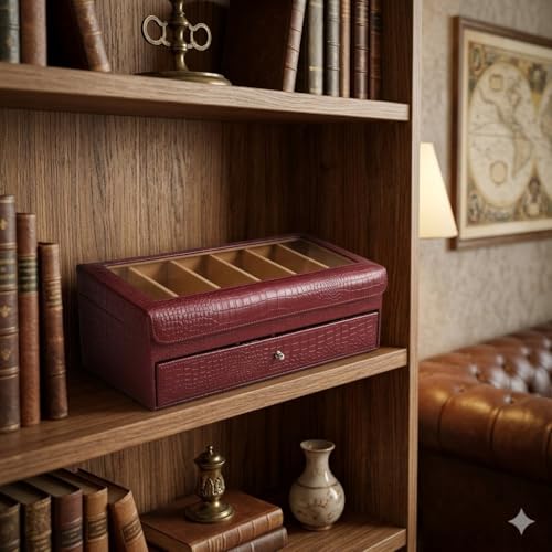 essart Sunglass Storage Box – 12 Slot Eyewear Organizer Case with Glass Lid, Dust-Free & Premium Faux Leather Finish Double Storey Magnetic Closure Sunglasses Box Organizer Maroon Colour - Image 5