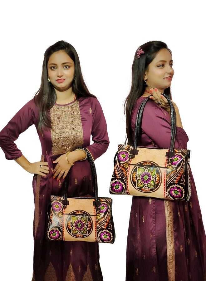 CLASSIQUE Shantiniketan Black Design Ethnic Batik Printed Leather Indian Shoulder Bag (Black) - Image 2