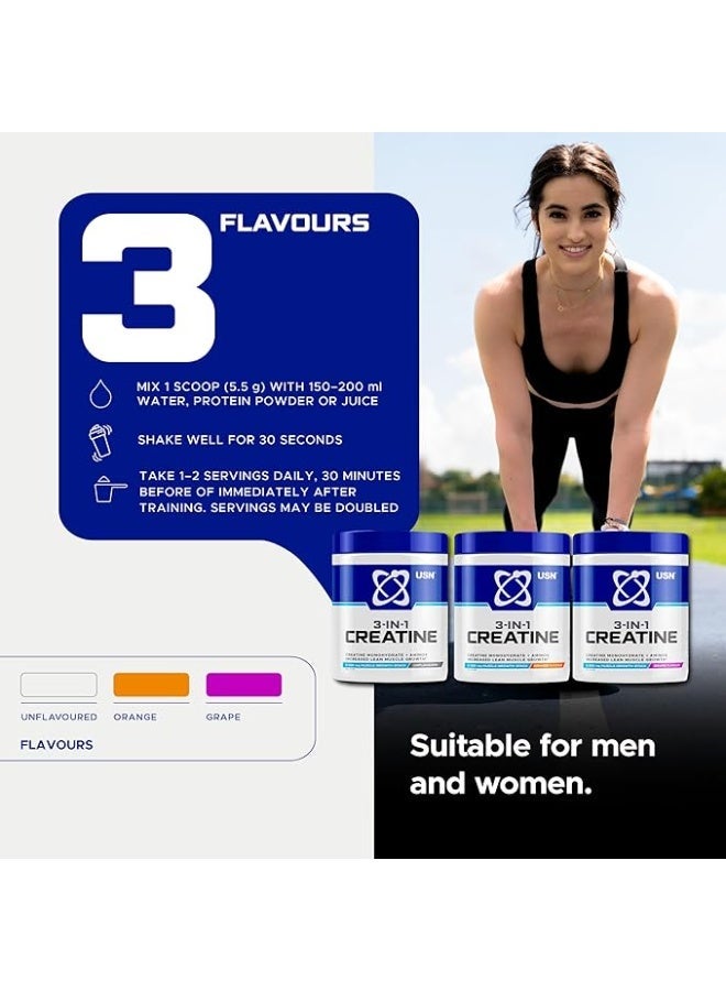 USN 3-IN-1 Creatine Monohydrate Grape Flavor 200g – Strength, Power & Performance Support - Image 2
