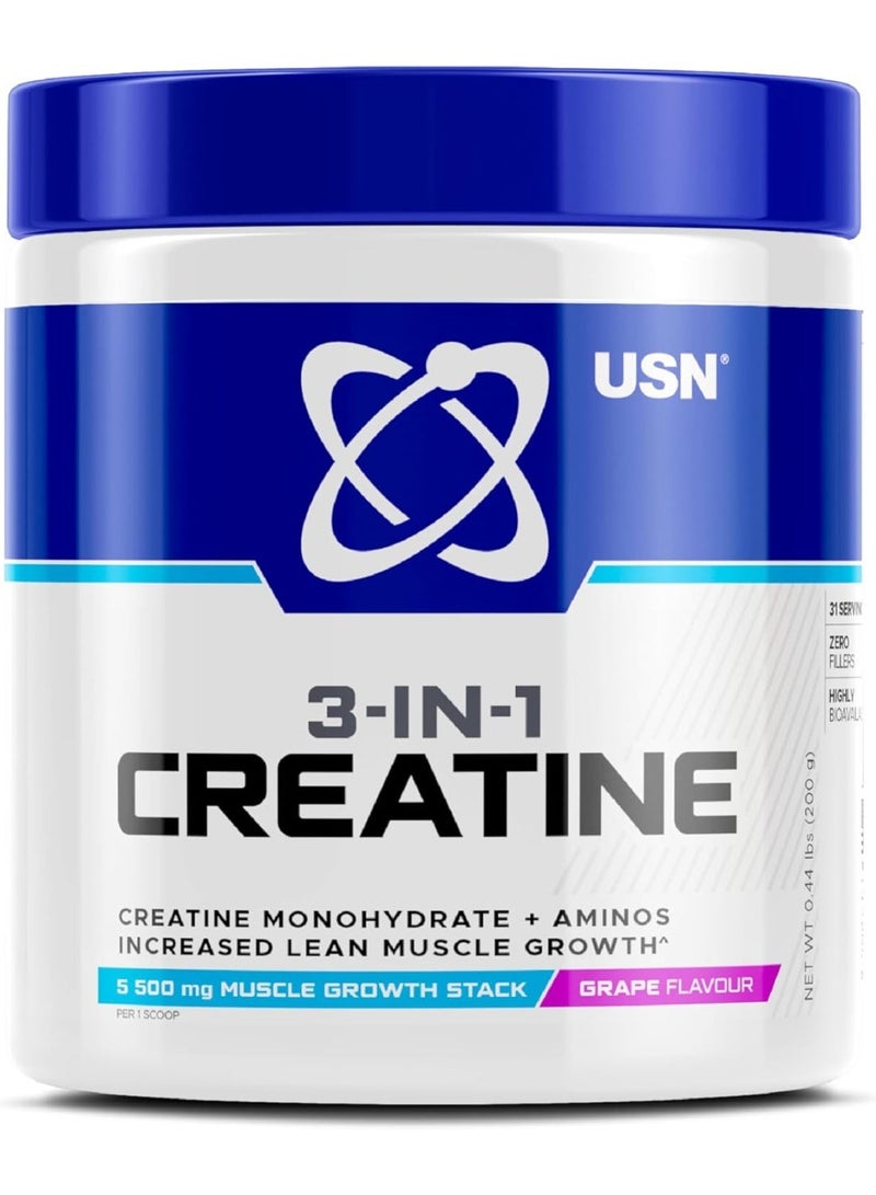 USN 3-IN-1 Creatine Monohydrate Grape Flavor 200g – Strength, Power & Performance Support - Image 1