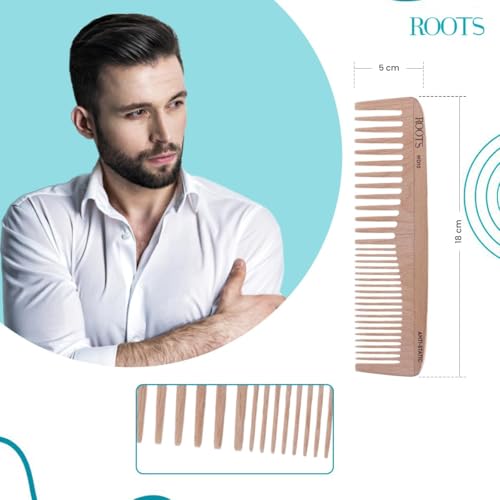 ROOTS Wooden Comb | Dual Teeth For Styling & Detangling | Smooth Teeth prevent Hair & Scalp damage | 100% Natural Wood | Anti-Frizz | For Dry Hair | For Men & Women | Length - 7 Inch, Model No - WD10 - Image 4
