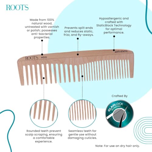 ROOTS Wooden Comb | Dual Teeth For Styling & Detangling | Smooth Teeth prevent Hair & Scalp damage | 100% Natural Wood | Anti-Frizz | For Dry Hair | For Men & Women | Length - 7 Inch, Model No - WD10 - Image 2