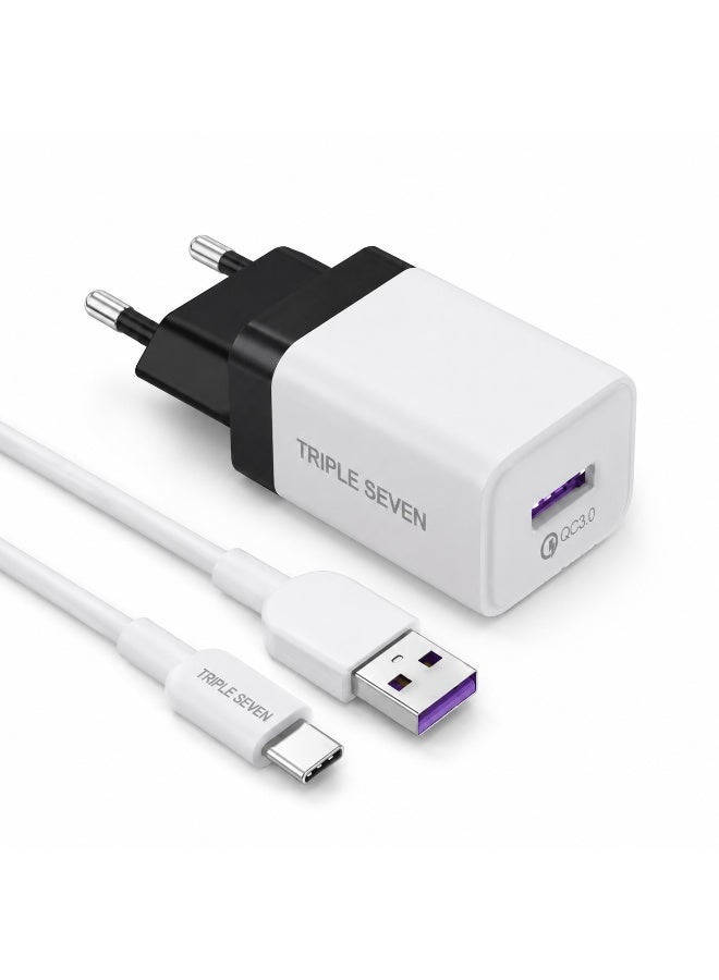 777 Triple Seven 777 T7-206 Super Fast Wall Charger 25W QC 3.0 with 1M Type-C Charging Cable, Smart Protection - White/Black - Image 1
