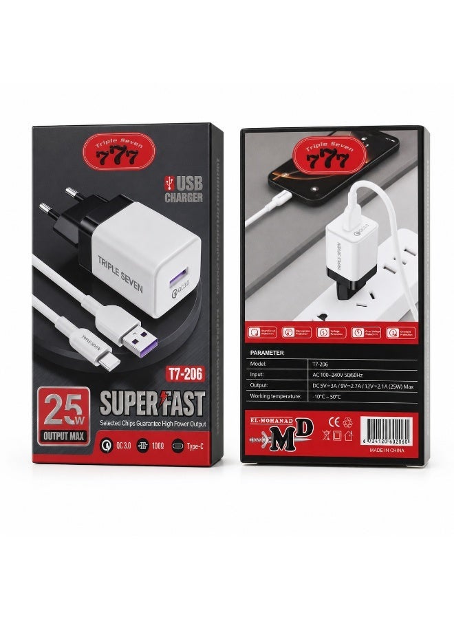 777 Triple Seven 777 T7-206 Super Fast Wall Charger 25W QC 3.0 with 1M Type-C Charging Cable, Smart Protection - White/Black - Image 3