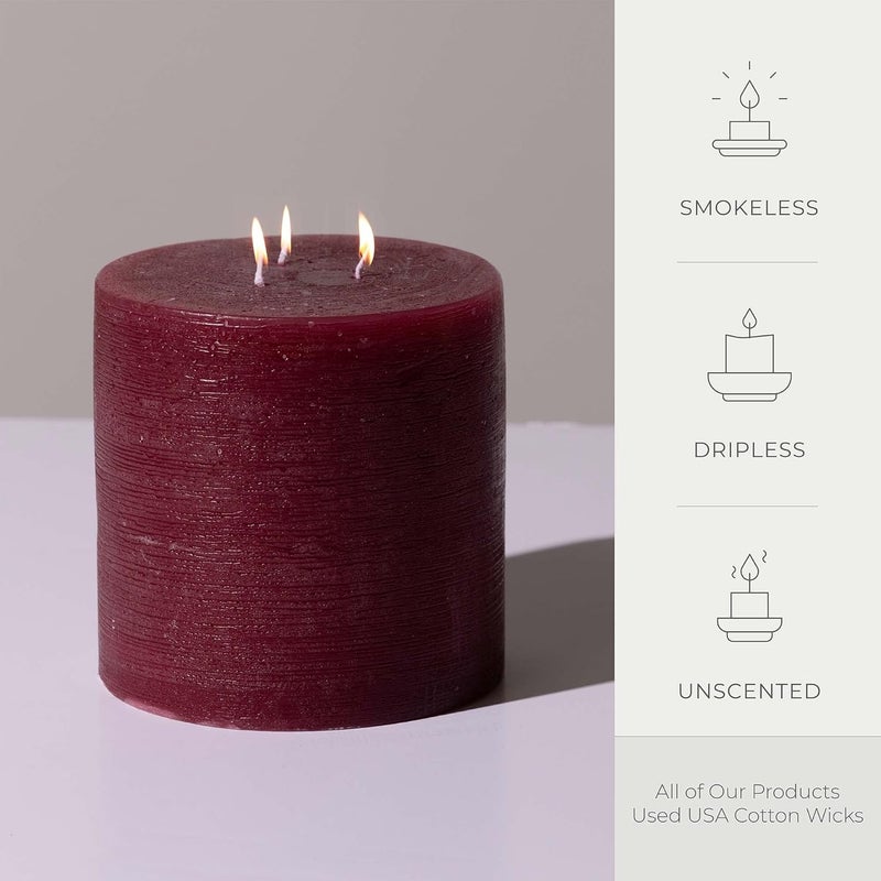bask Large Mottled Pillar Candles - Unscented - 6-Inch Diameter for Extra-Wide Holders - 3-Wick Candles for Home and Events - Burgundy - Image 3
