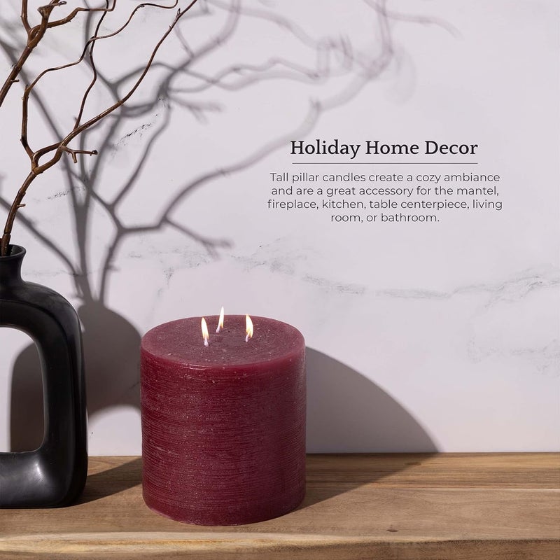bask Large Mottled Pillar Candles - Unscented - 6-Inch Diameter for Extra-Wide Holders - 3-Wick Candles for Home and Events - Burgundy - Image 4