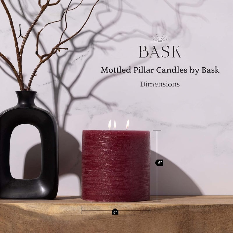 bask Large Mottled Pillar Candles - Unscented - 6-Inch Diameter for Extra-Wide Holders - 3-Wick Candles for Home and Events - Burgundy - Image 2