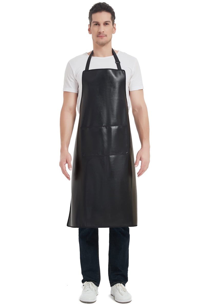 FunChaos Black Waterproof Apron, Heavy Duty Work Apron, Artificial Leather Apron Ideal for Chef, Butcher, Barber, DishWashing, Cleaning, Dog Grooming (Plus Size) - Image 1