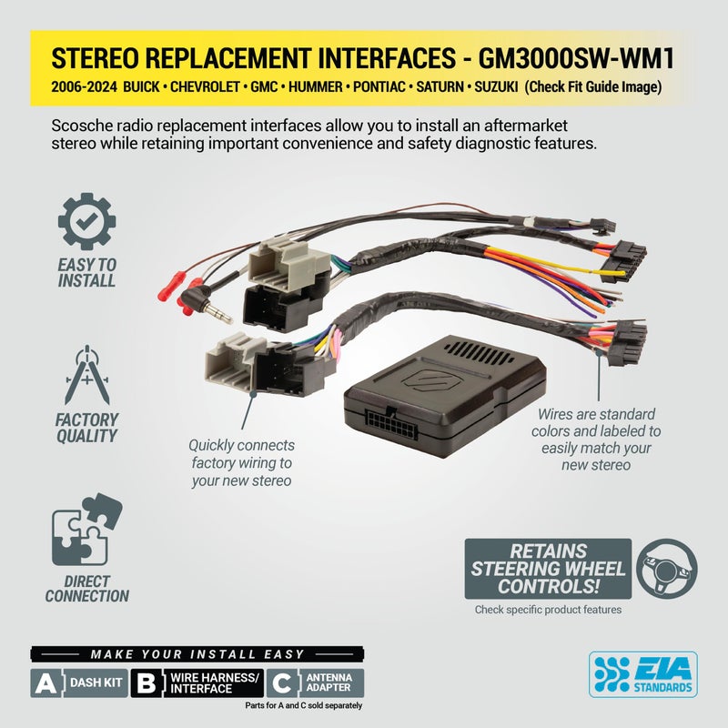 Scosche GM3000SW Factory Stereo Replacement Interface Adapter, Compatible with Select 2004-24 GM Vehicles with GM LAN Radio, Car Radio Wiring Harness, Retain Steering Wheel Control & OEM Amplifier - Image 4