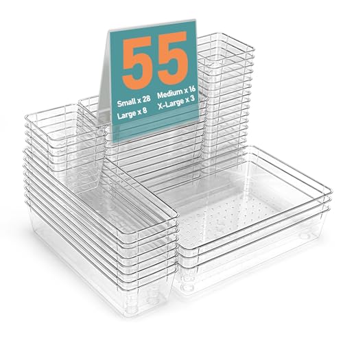VEXTHYX 55Pcs Clear Plastic Drawer Organizers Set, 4size makeup drawer organizer trays for vanity,desk,bathroom,office,nightstand,gadgets for kitchen drawer, Versatile drawer divider storage bins - Image 1