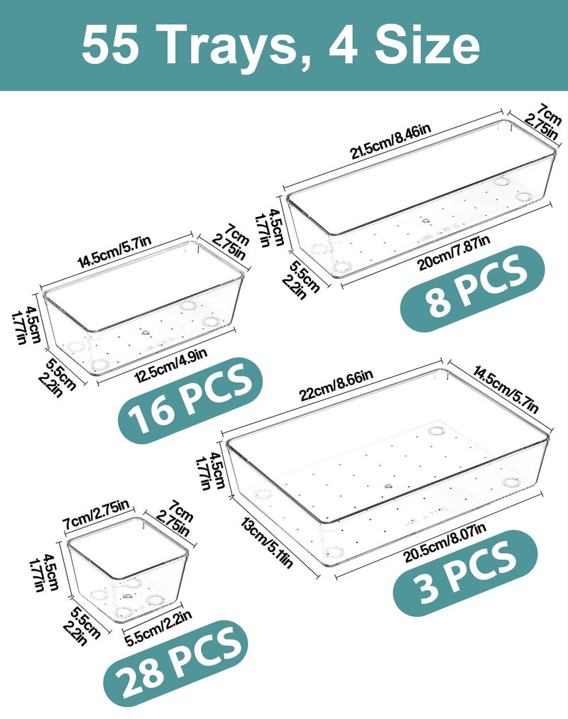 VEXTHYX 55Pcs Clear Plastic Drawer Organizers Set, 4size makeup drawer organizer trays for vanity,desk,bathroom,office,nightstand,gadgets for kitchen drawer, Versatile drawer divider storage bins - Image 2